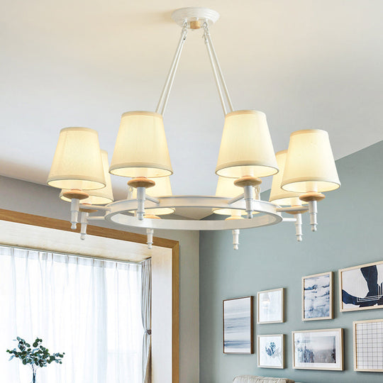 Contemporary Barrel Pendant Light with 8 Fabric Heads - White