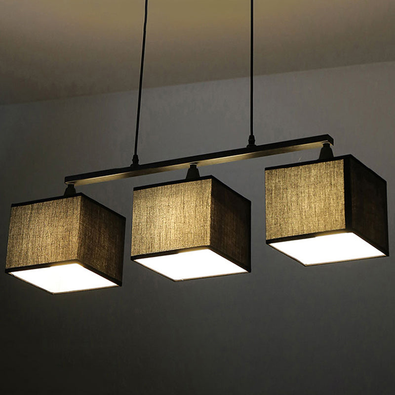 Contemporary Black Cubic Island Chandelier - 3 Head Fabric Hanging Light Kit