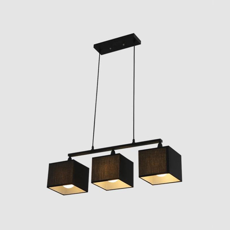 Contemporary Black Cubic Island Chandelier - 3 Head Fabric Hanging Light Kit