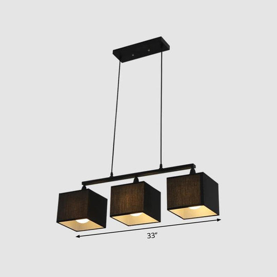 Contemporary Black Cubic Island Chandelier - 3 Head Fabric Hanging Light Kit