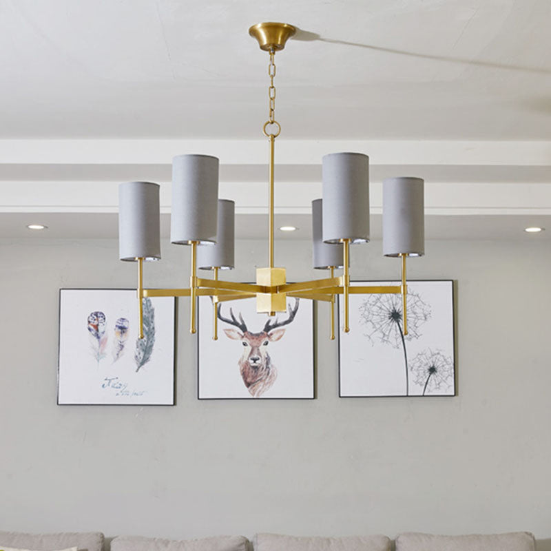 Modern Fabric Cylinder Suspension Light - 6 Heads Hanging Chandelier Grey/White Perfect For Living