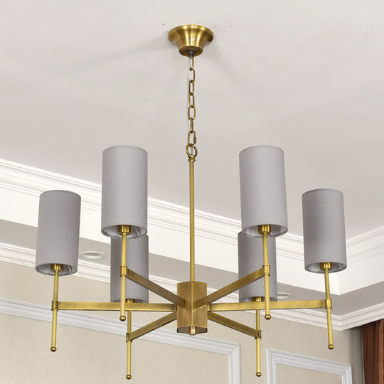 Modern Fabric Cylinder Suspension Light - 6 Heads Chandelier in Grey/White for Living Room