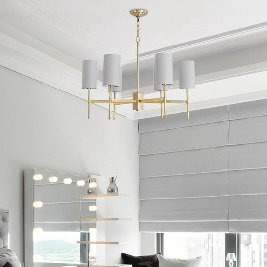 Modern Fabric Cylinder Suspension Light - 6 Heads Chandelier in Grey/White for Living Room