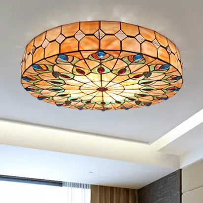 Tiffany Peacock Pattern Drum Flushmount Ceiling Lights, 4-Light Bedroom Lighting with Art Glass Shade