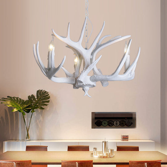 Traditional Resin Chandelier With Antler Design - White Candle Pendant Lamp (3/4/5 Lights) For