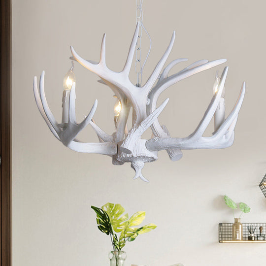 Traditional Resin Chandelier With Antler Design - White Candle Pendant Lamp (3/4/5 Lights) For