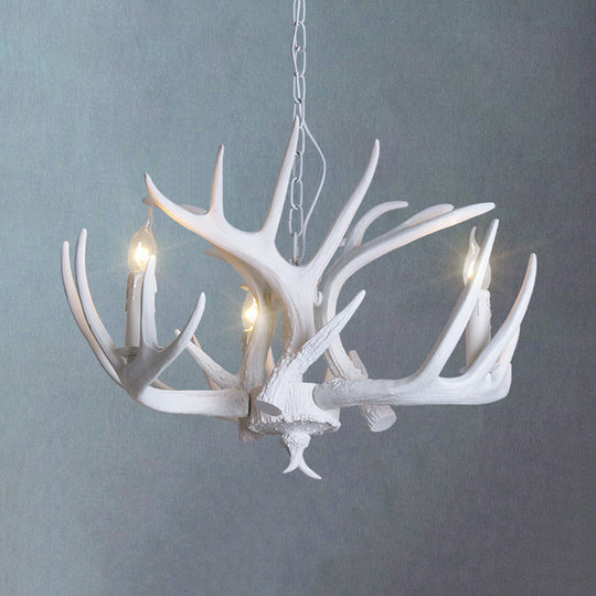 Traditional Resin Chandelier With Antler Design - White Candle Pendant Lamp (3/4/5 Lights) For