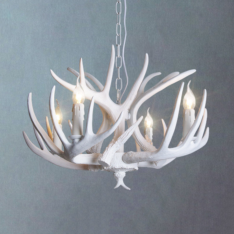 Traditional Resin Chandelier With Antler Design - White Candle Pendant Lamp (3/4/5 Lights) For