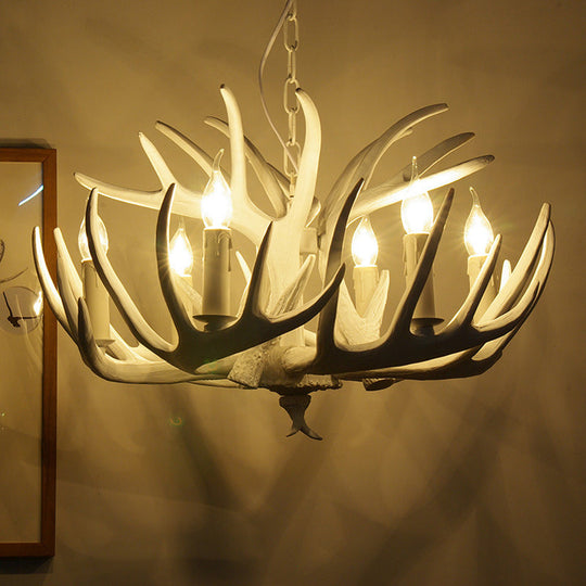 Traditional Resin Chandelier With Antler Design - White Candle Pendant Lamp (3/4/5 Lights) For