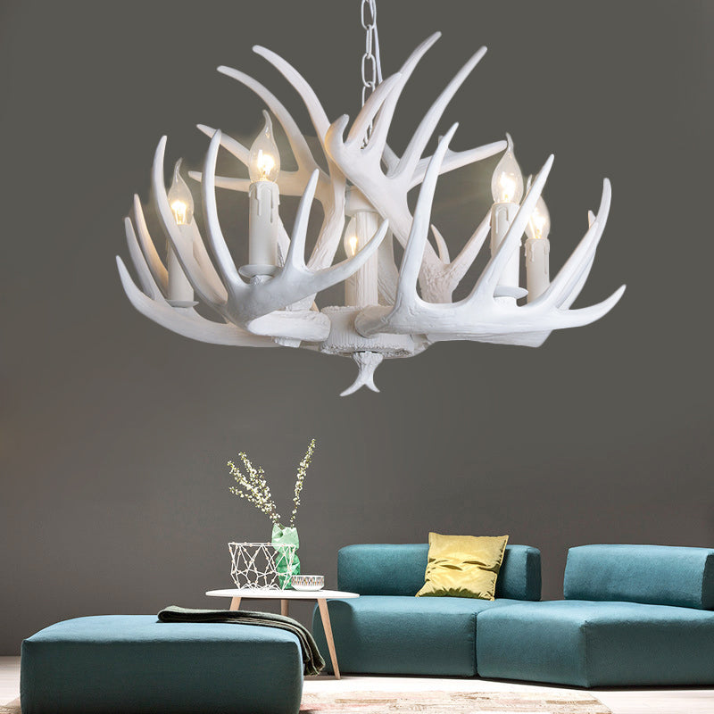 Traditional Resin Chandelier With Antler Design - White Candle Pendant Lamp (3/4/5 Lights) For