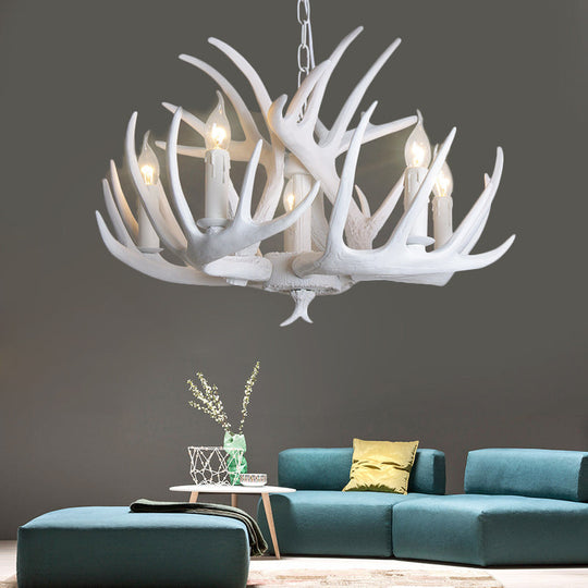 Traditional Resin Chandelier With Antler Design - White Candle Pendant Lamp (3/4/5 Lights) For