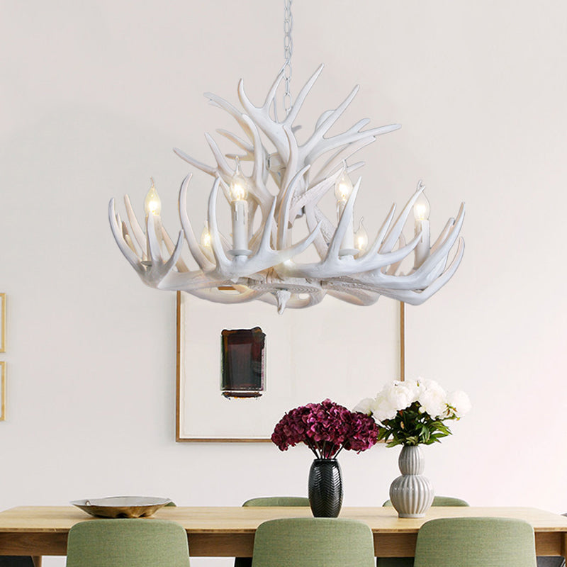 White Antler Chandelier Lighting Rustic Resin 21.5"/25.5"/27.5" Wide 9/12 Heads Living Room Ceiling Hang Fixture