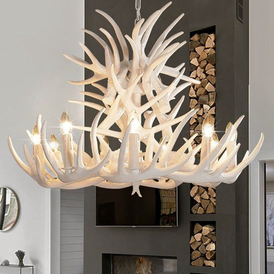 White Antler Chandelier Lighting Rustic Resin 21.5"/25.5"/27.5" Wide 9/12 Heads Living Room Ceiling Hang Fixture