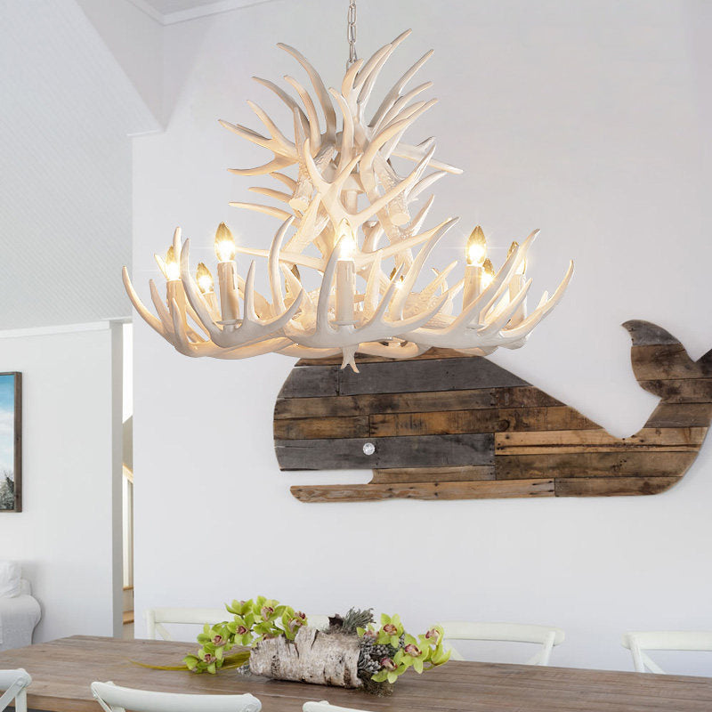 White Antler Chandelier Lighting Rustic Resin 21.5"/25.5"/27.5" Wide 9/12 Heads Living Room Ceiling Hang Fixture