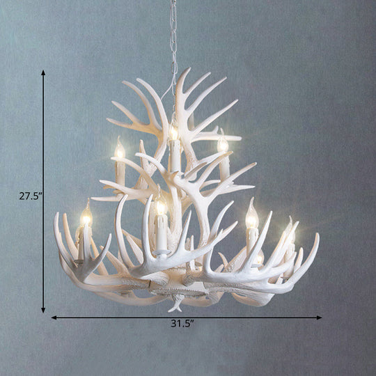 White Antler Chandelier Lighting Rustic Resin 21.5"/25.5"/27.5" Wide 9/12 Heads Living Room Ceiling Hang Fixture