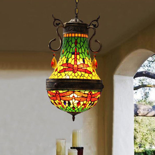 Stained Glass Tiffany Dragonfly Chandelier - 6 Lights in Red/Yellow/Green for Dining Room