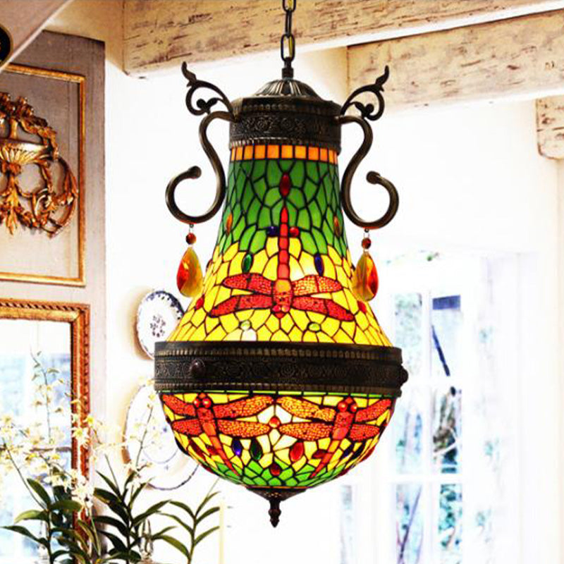 Stained Glass Tiffany Dragonfly Chandelier - 6 Lights in Red/Yellow/Green for Dining Room