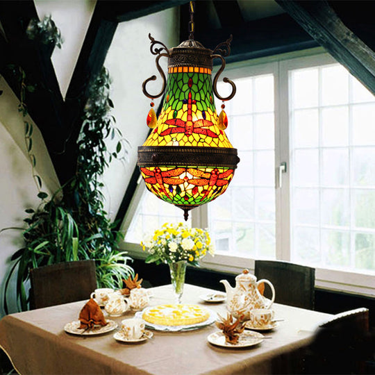 Stained Glass Tiffany Dragonfly Chandelier - 6 Lights in Red/Yellow/Green for Dining Room