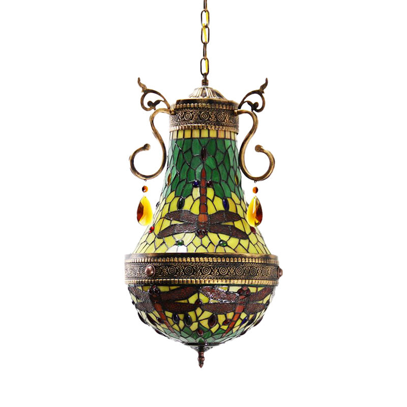 Stained Glass Tiffany Dragonfly Chandelier - 6 Lights in Red/Yellow/Green for Dining Room