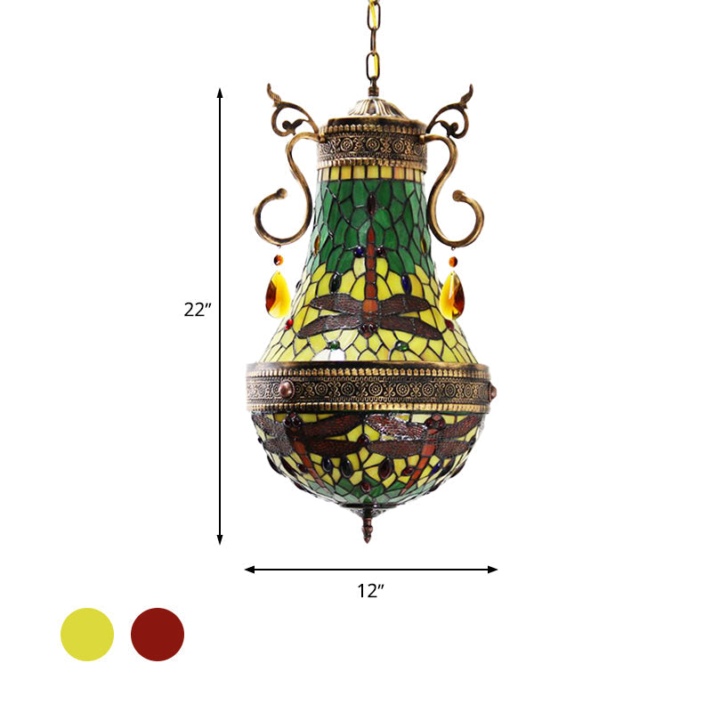 Stained Glass Tiffany Dragonfly Chandelier - 6 Lights in Red/Yellow/Green for Dining Room