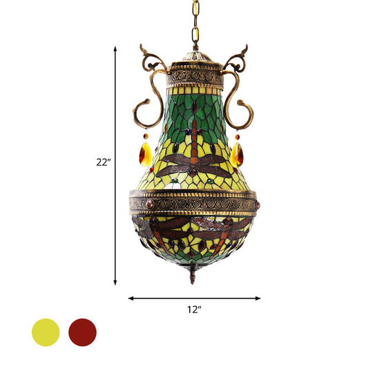 Stained Glass Tiffany Dragonfly Chandelier - 6 Lights in Red/Yellow/Green for Dining Room