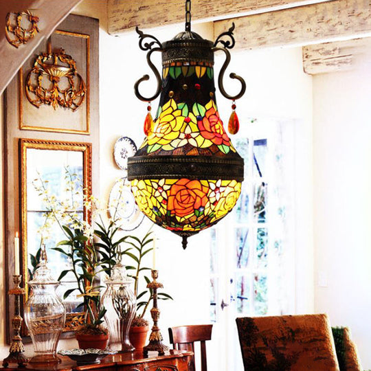 Stained Glass Tiffany Dragonfly Chandelier - 6 Lights in Red/Yellow/Green for Dining Room