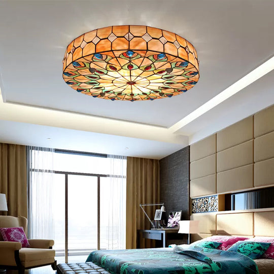 Tiffany Peacock Pattern Drum Flushmount Ceiling Lights, 4-Light Bedroom Lighting with Art Glass Shade