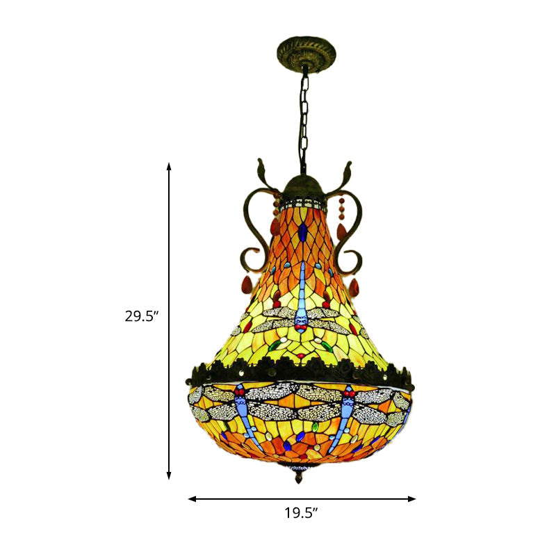 Wide Dragonfly Chandelier Light - Mediterranean Stained Glass 6/8 Lights Antique Brass Pendant Lamp