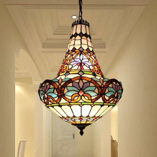 Wide Antique Bronze Flower Chandelier - Tiffany Stained Glass, 3/5 Lights - 12"/16" Pendant