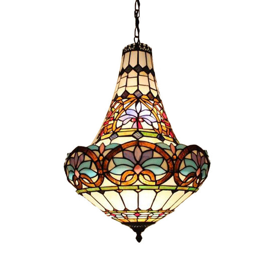 Wide Antique Bronze Flower Chandelier - Tiffany Stained Glass, 3/5 Lights - 12"/16" Pendant