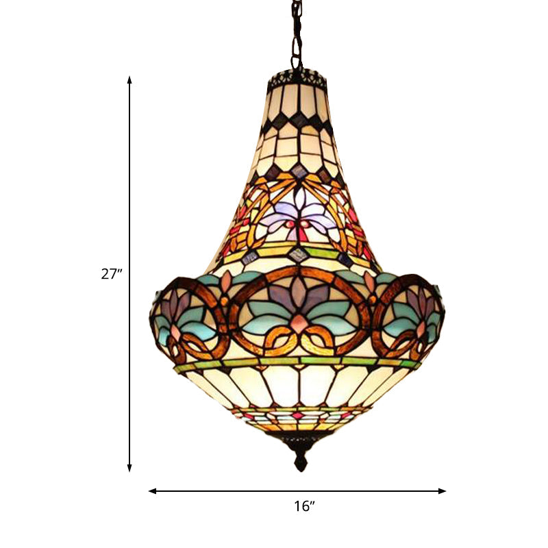 Wide Antique Bronze Flower Chandelier - Tiffany Stained Glass, 3/5 Lights - 12"/16" Pendant