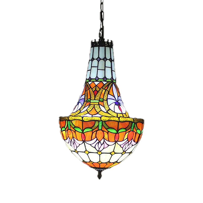 Stained Glass Tiffany Pendant Flower Chandelier - 3/5 Lights, 12"/16" Wide - Antique Bronze Finish