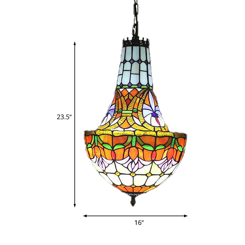 Stained Glass Tiffany Pendant Flower Chandelier - 3/5 Lights, 12"/16" Wide - Antique Bronze Finish