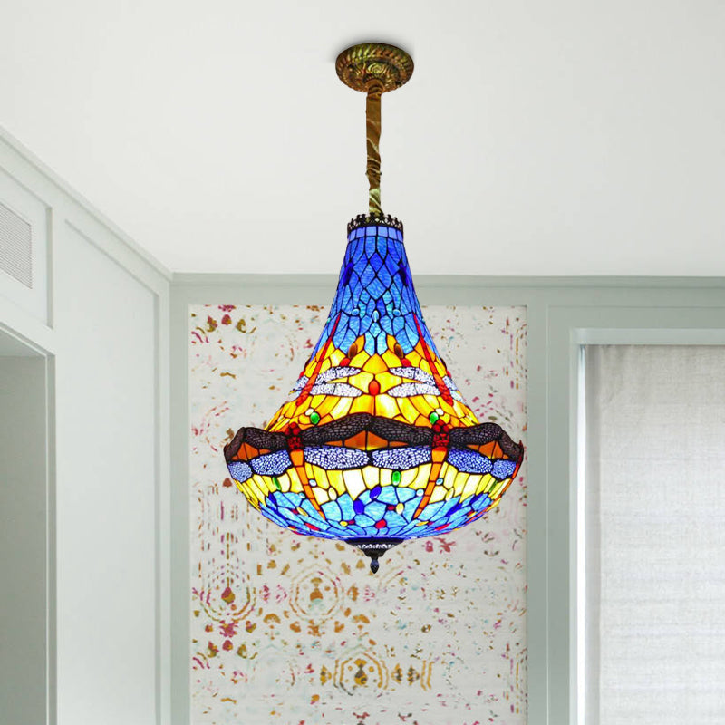 Tiffany Dragonfly Chandelier Light - 16"/19.5" Wide - Stained Glass - 5 Lights - Blue/Green Pendant Lighting for Dining Room