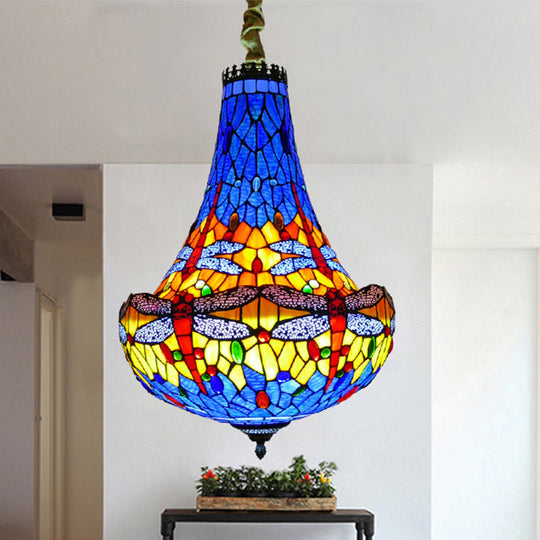 Tiffany Dragonfly Chandelier Light - 16"/19.5" Wide - Stained Glass - 5 Lights - Blue/Green Pendant Lighting for Dining Room