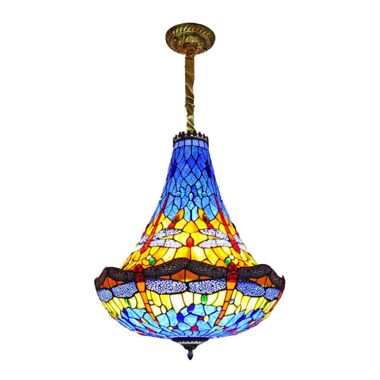 Tiffany Dragonfly Chandelier Light - 16"/19.5" Wide - Stained Glass - 5 Lights - Blue/Green Pendant Lighting for Dining Room