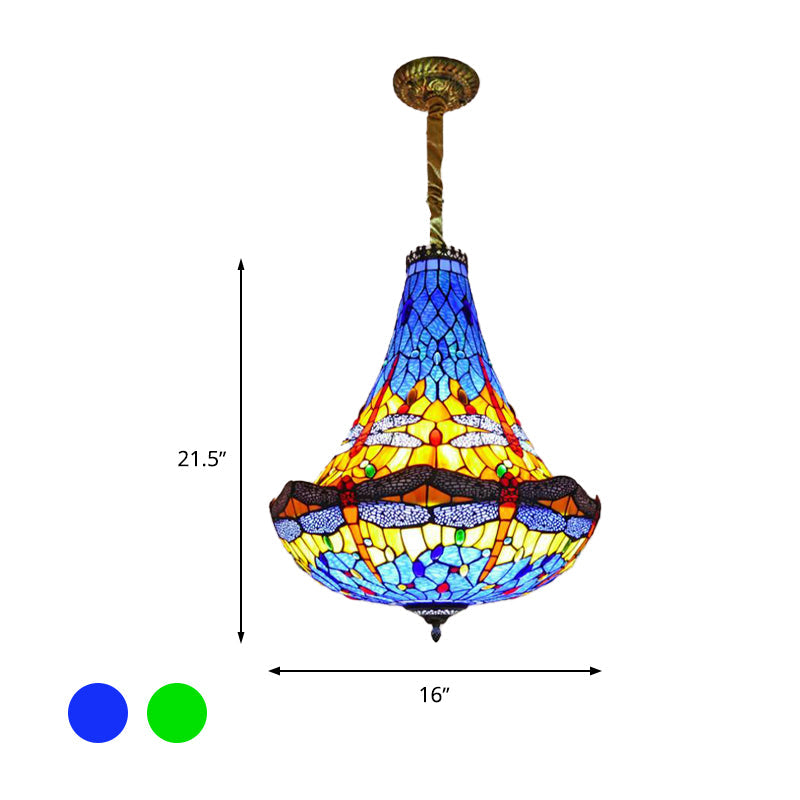 Tiffany Dragonfly Chandelier Light - 16"/19.5" Wide - Stained Glass - 5 Lights - Blue/Green Pendant Lighting for Dining Room