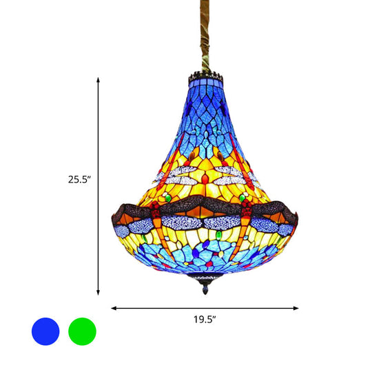 Tiffany Dragonfly Chandelier Light - 16"/19.5" Wide - Stained Glass - 5 Lights - Blue/Green Pendant Lighting for Dining Room