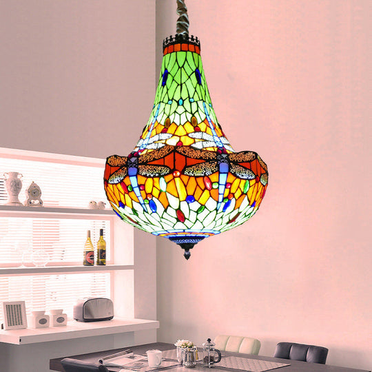 Tiffany Dragonfly Chandelier Light - 16"/19.5" Wide - Stained Glass - 5 Lights - Blue/Green Pendant Lighting for Dining Room