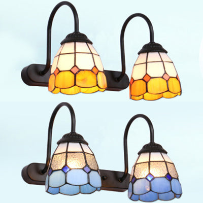 2-Head Baroque Blue/Yellow Glass Wall Mount Vanity Lighting Fixture With Grid Pattern