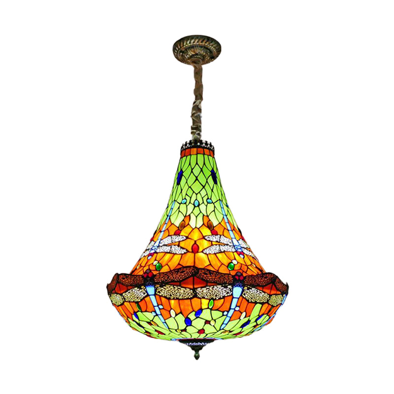 Tiffany Dragonfly Chandelier Light - 16"/19.5" Wide - Stained Glass - 5 Lights - Blue/Green Pendant Lighting for Dining Room