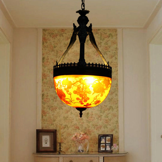 Yellow Stained Glass Mediterranean Flower Chandelier - 3-Light Pendant Lamp, 12"/16" Wide