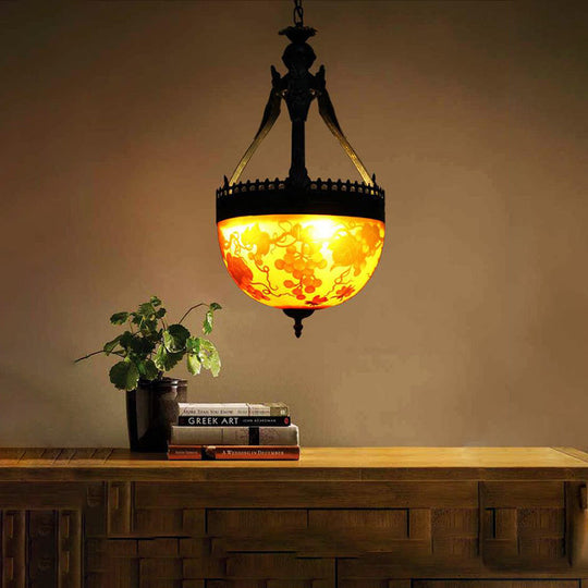 Mediterranean Flower Chandelier 3-Light Stained Glass Pendant Lamp - Yellow (12/16 Width)