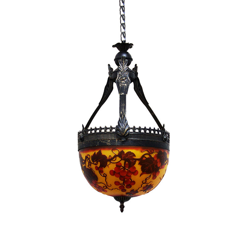 Yellow Stained Glass Mediterranean Flower Chandelier - 3-Light Pendant Lamp, 12"/16" Wide