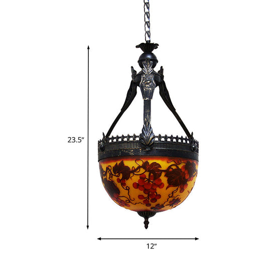 Yellow Stained Glass Mediterranean Flower Chandelier - 3-Light Pendant Lamp, 12"/16" Wide