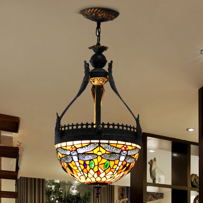 Mediterranean Stained Glass Dragonfly Chandelier Lamp - 3 Lights, Orange/Green Pendant