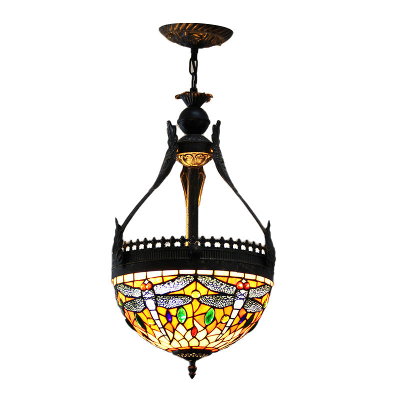 Mediterranean Stained Glass Dragonfly Chandelier Lamp - 3 Lights, Orange/Green Pendant