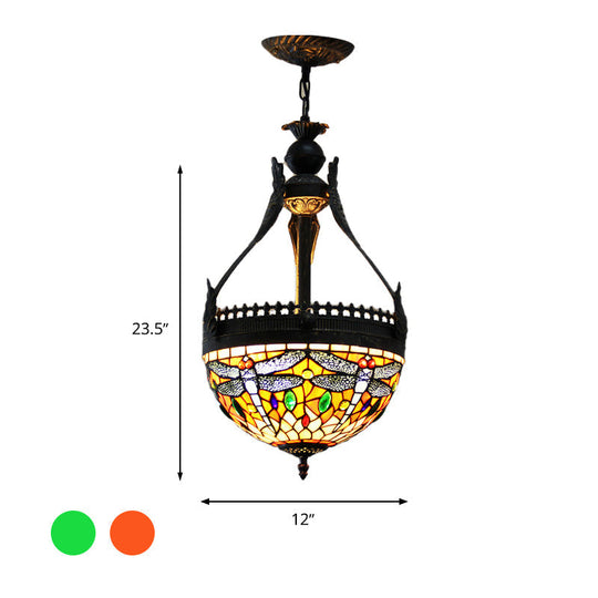 Mediterranean Stained Glass Dragonfly Chandelier Lamp - 3 Lights, Orange/Green Pendant