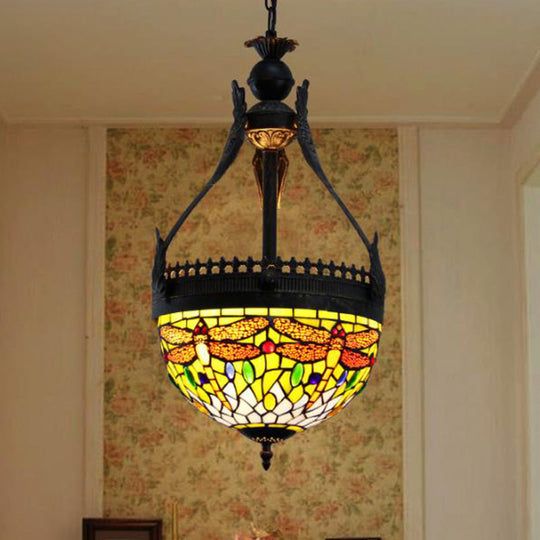 Mediterranean Stained Glass Dragonfly Chandelier Lamp - 3 Lights, Orange/Green Pendant