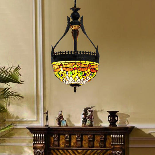 Mediterranean Stained Glass Dragonfly Chandelier Lamp - 3 Lights, Orange/Green Pendant